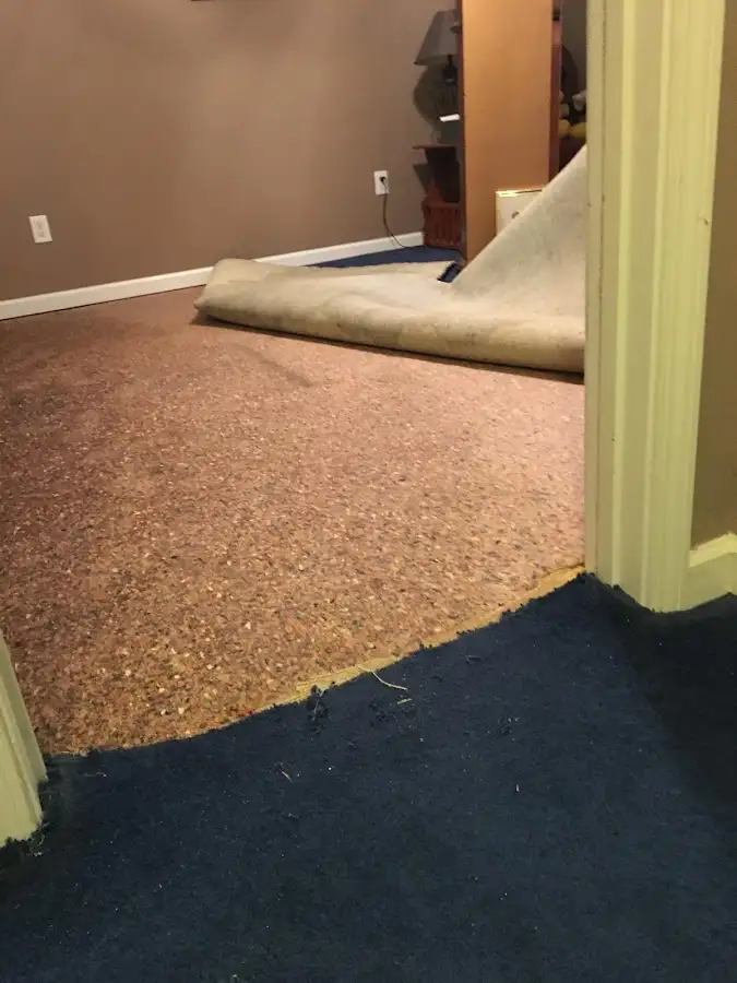 Carpet pad removal revealing water damage during Drying & Dehumidification in City of Orange